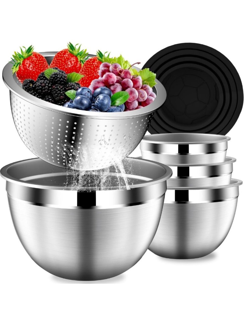 Stainless Steel Mixing Bowls Set with Lids & Colander - Kitchen Serving Bowls
